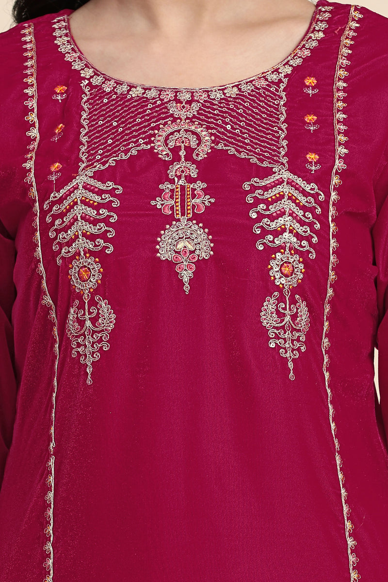 Pink Velvet Embroidery Salwar Suit Set with Dupatta For Women's