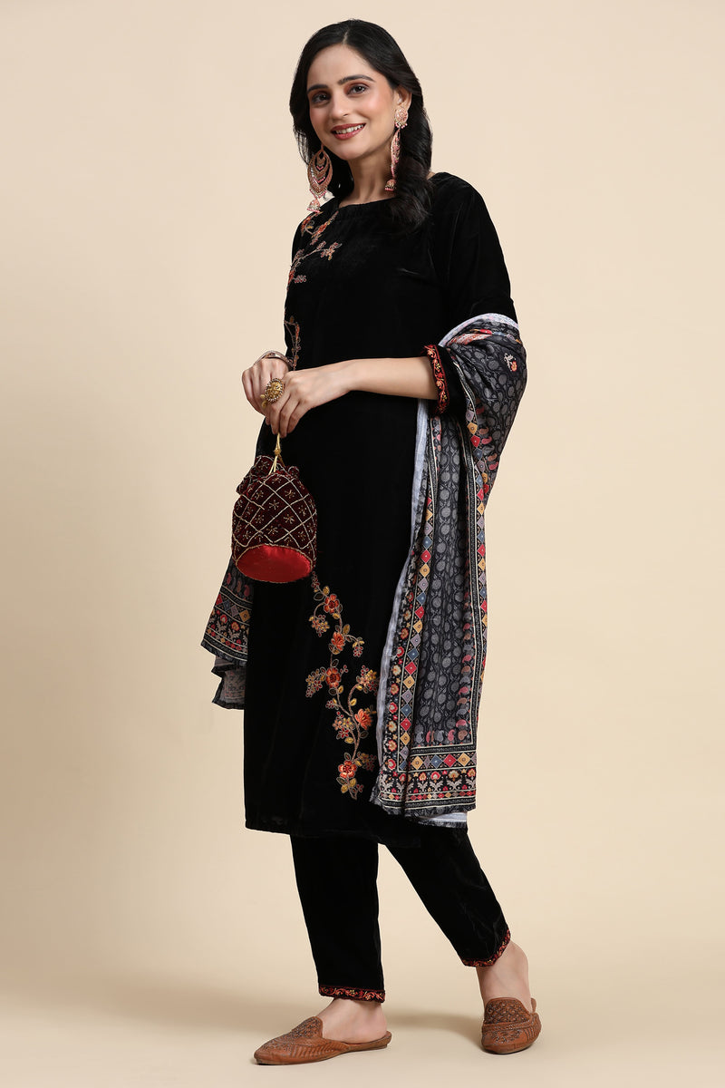 Black Velvet Embroidery Salwar Suit Set with Dupatta For Women's