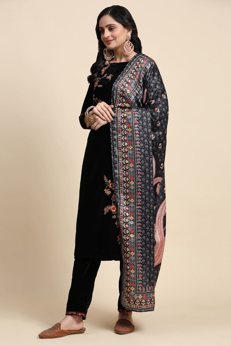 Black Velvet Embroidery Salwar Suit Set with Dupatta For Women's