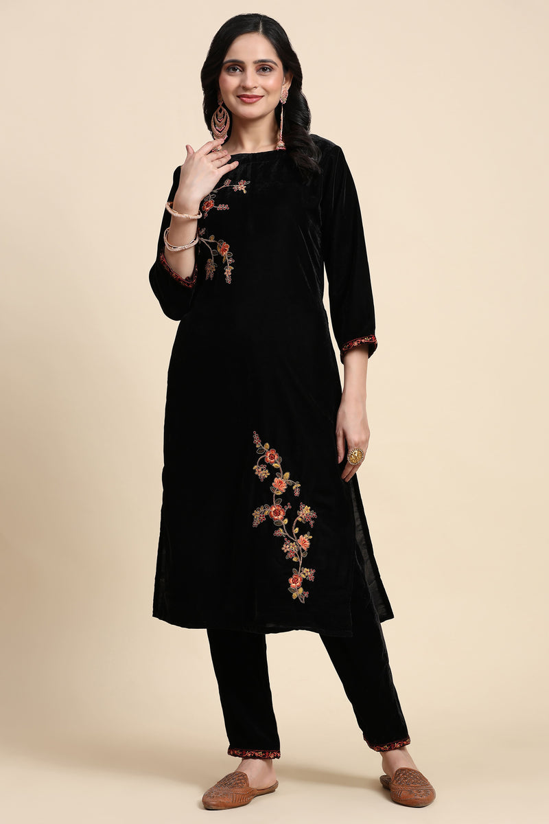 Black Velvet Embroidery Salwar Suit Set with Dupatta For Women's