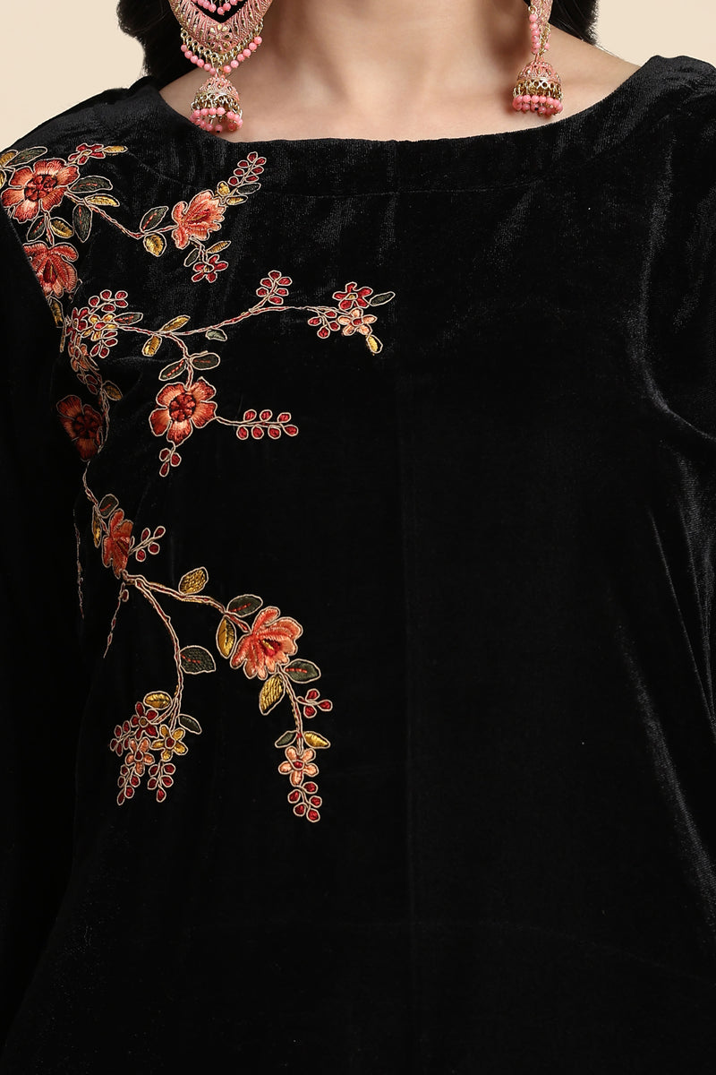 Black Velvet Embroidery Salwar Suit Set with Dupatta For Women's