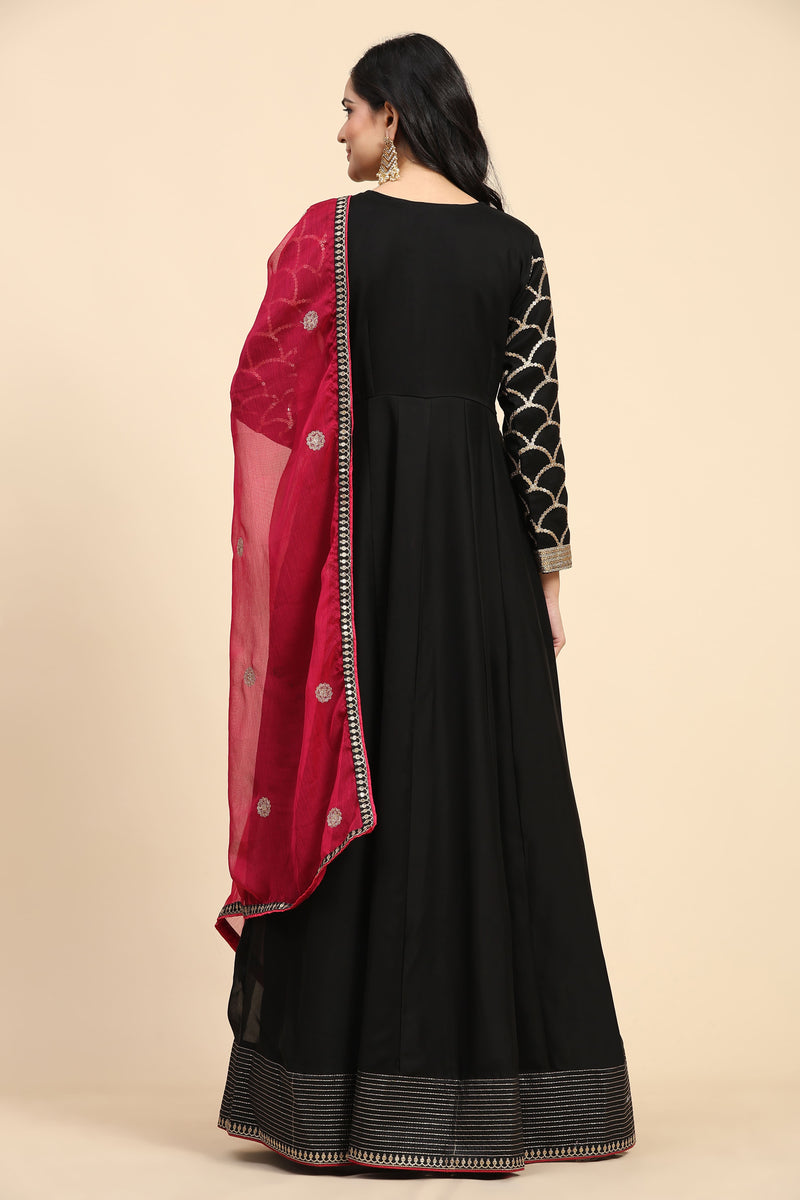 Black Rangoli Silk Embroidery Anarkali  Salwar Suit with Pink Dupatta for Women's