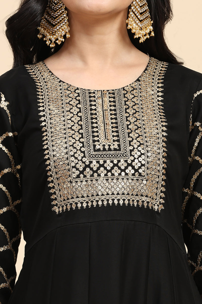 Black Rangoli Silk Embroidery Anarkali  Salwar Suit with Pink Dupatta for Women's