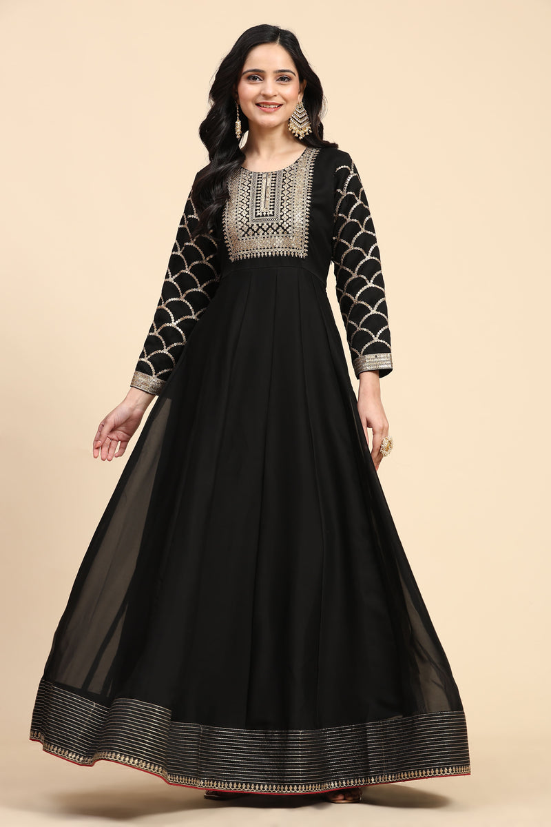 Black Rangoli Silk Embroidery Anarkali  Salwar Suit with Pink Dupatta for Women's