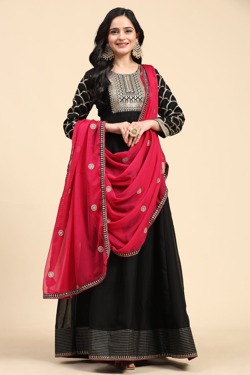 Black Rangoli Silk Embroidery Anarkali  Salwar Suit with Pink Dupatta for Women's