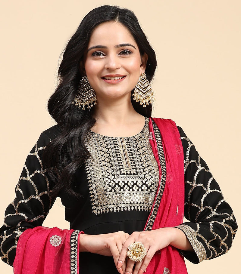 Black Rangoli Silk Embroidery Anarkali  Salwar Suit with Pink Dupatta for Women's