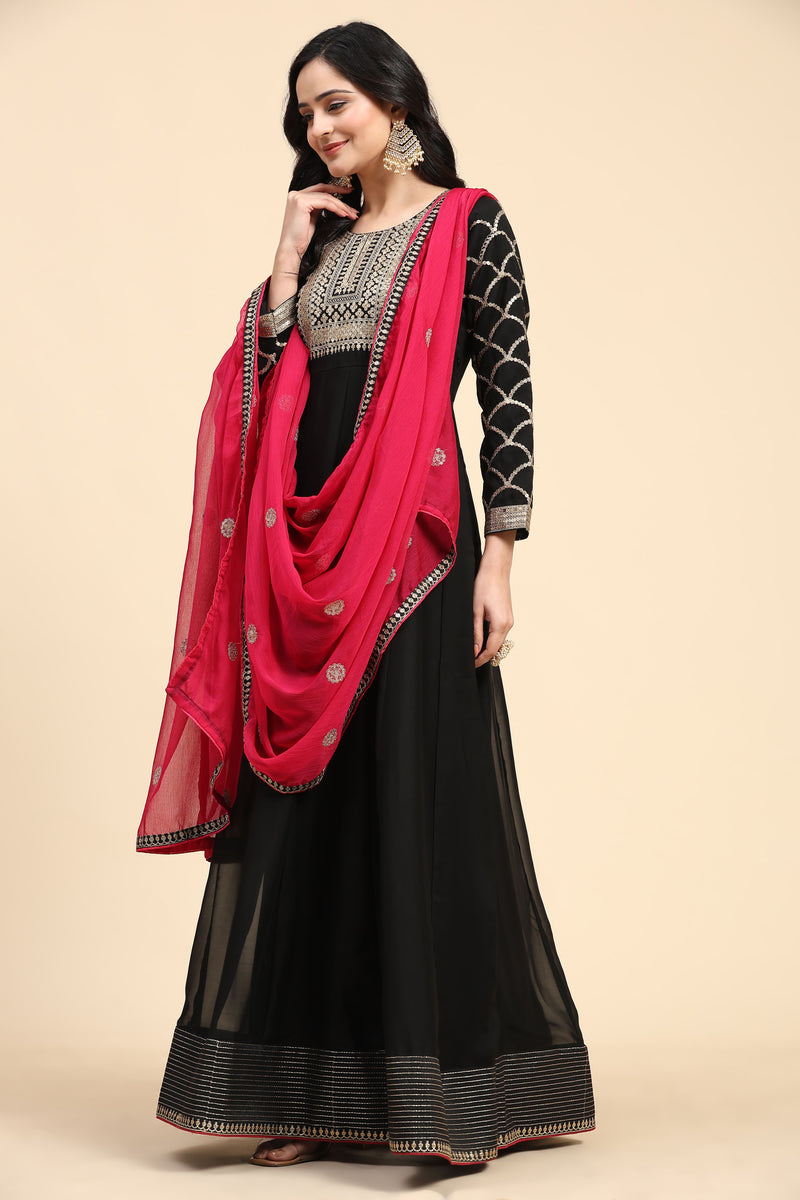 Black Rangoli Silk Embroidery Anarkali  Salwar Suit with Pink Dupatta for Women's