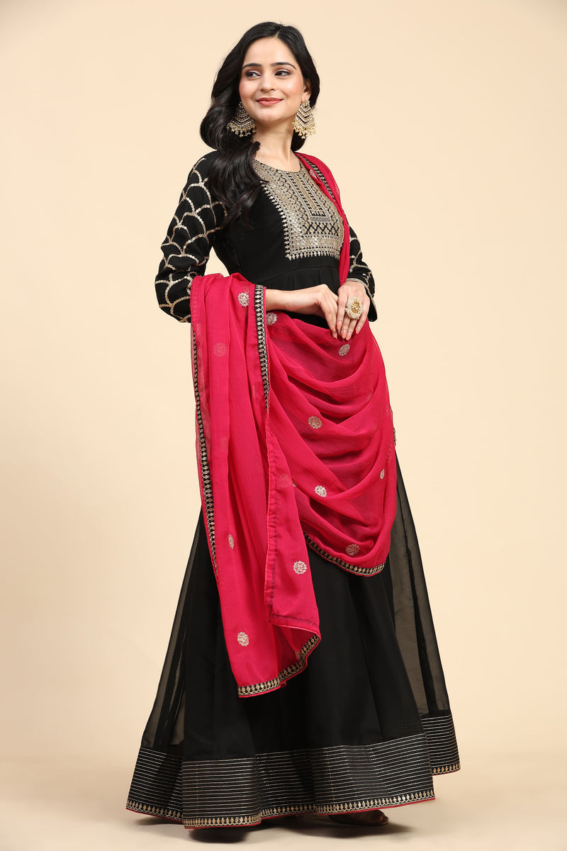 Black Rangoli Silk Embroidery Anarkali  Salwar Suit with Pink Dupatta for Women's