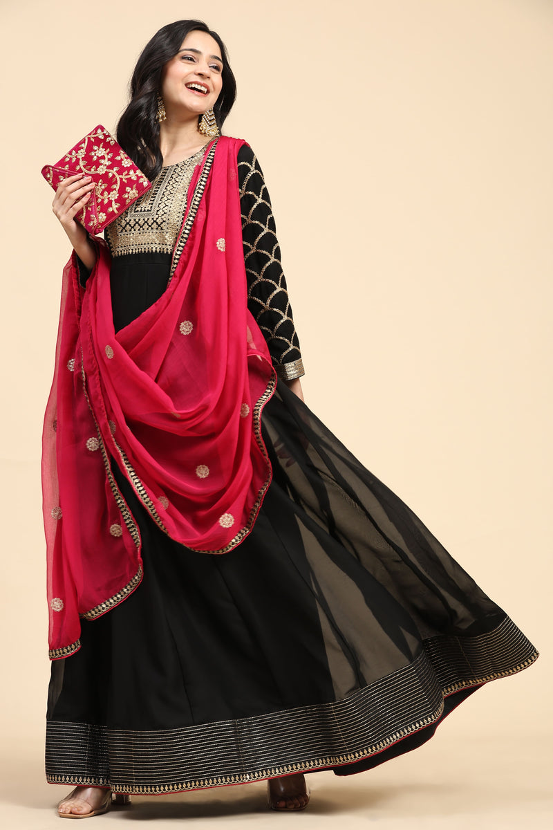 Black Rangoli Silk Embroidery Anarkali  Salwar Suit with Pink Dupatta for Women's