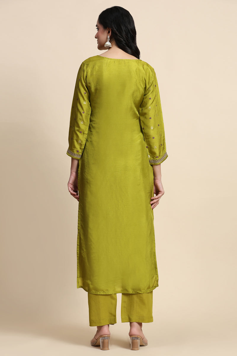 Lime Green Silk Embroidery Salwar Suit with Banarasi Dupatta For Women's