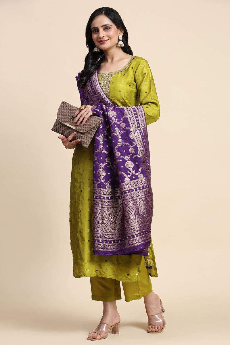 Lime Green Silk Embroidery Salwar Suit with Banarasi Dupatta For Women's