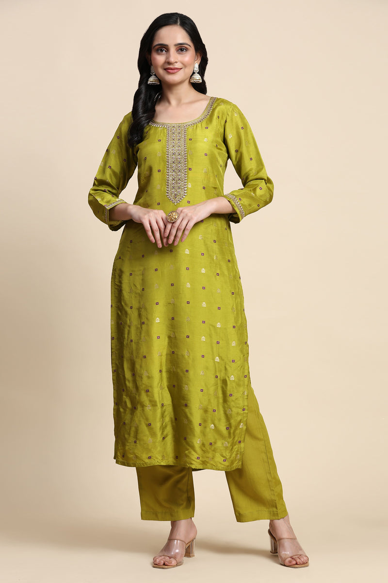 Lime Green Silk Embroidery Salwar Suit with Banarasi Dupatta For Women's