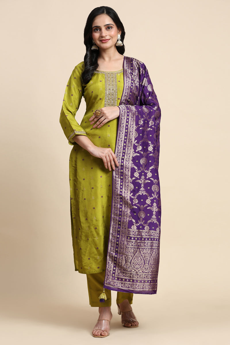 Lime Green Silk Embroidery Salwar Suit with Banarasi Dupatta For Women's