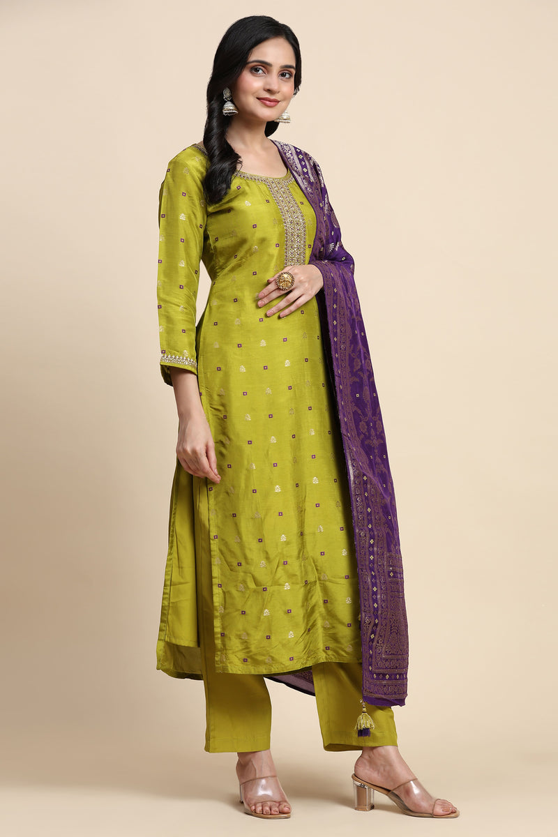 Lime Green Silk Embroidery Salwar Suit with Banarasi Dupatta For Women's