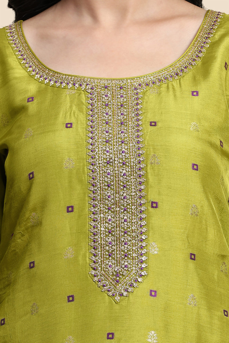 Lime Green Silk Embroidery Salwar Suit with Banarasi Dupatta For Women's
