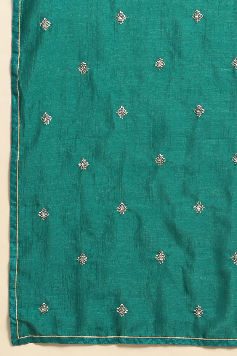 Turquoise Art Silk Embroidery A line Pleated Salwar Suit with Dupatta For Women's