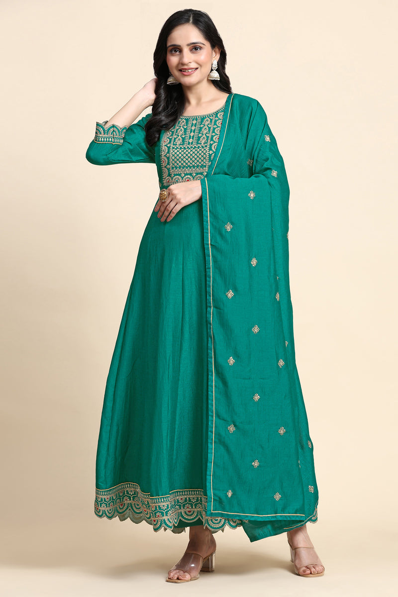 Turquoise Art Silk Embroidery A line Pleated Salwar Suit with Dupatta For Women's