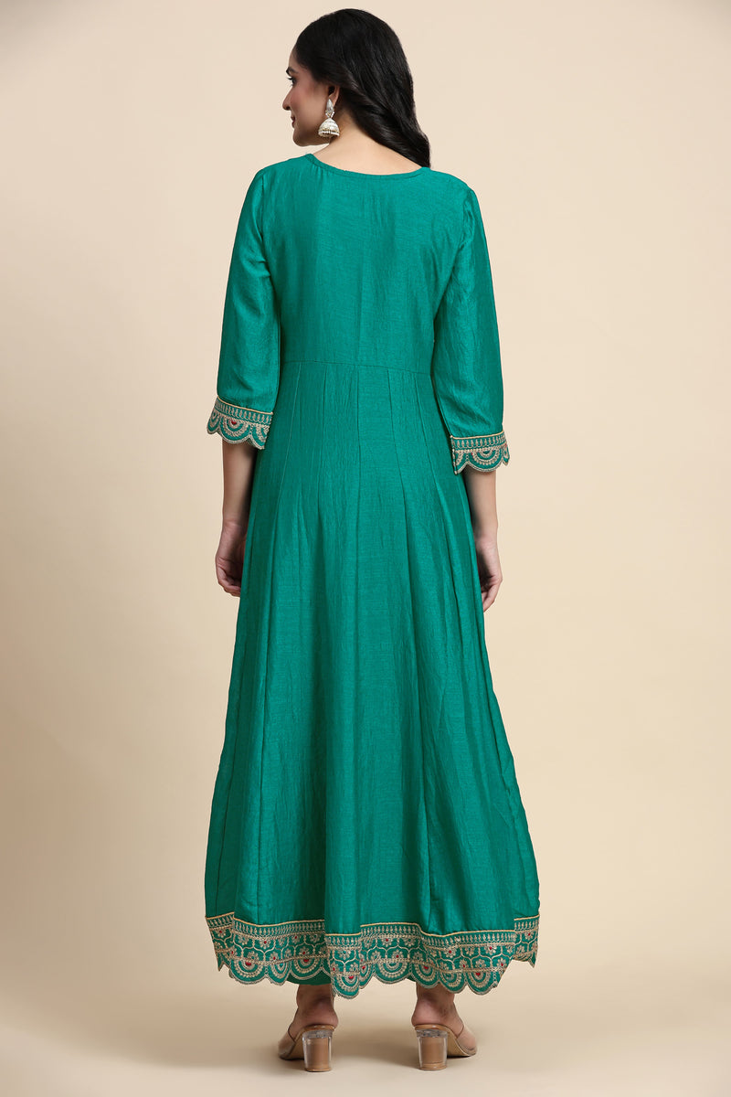 Turquoise Art Silk Embroidery A line Pleated Salwar Suit with Dupatta For Women's