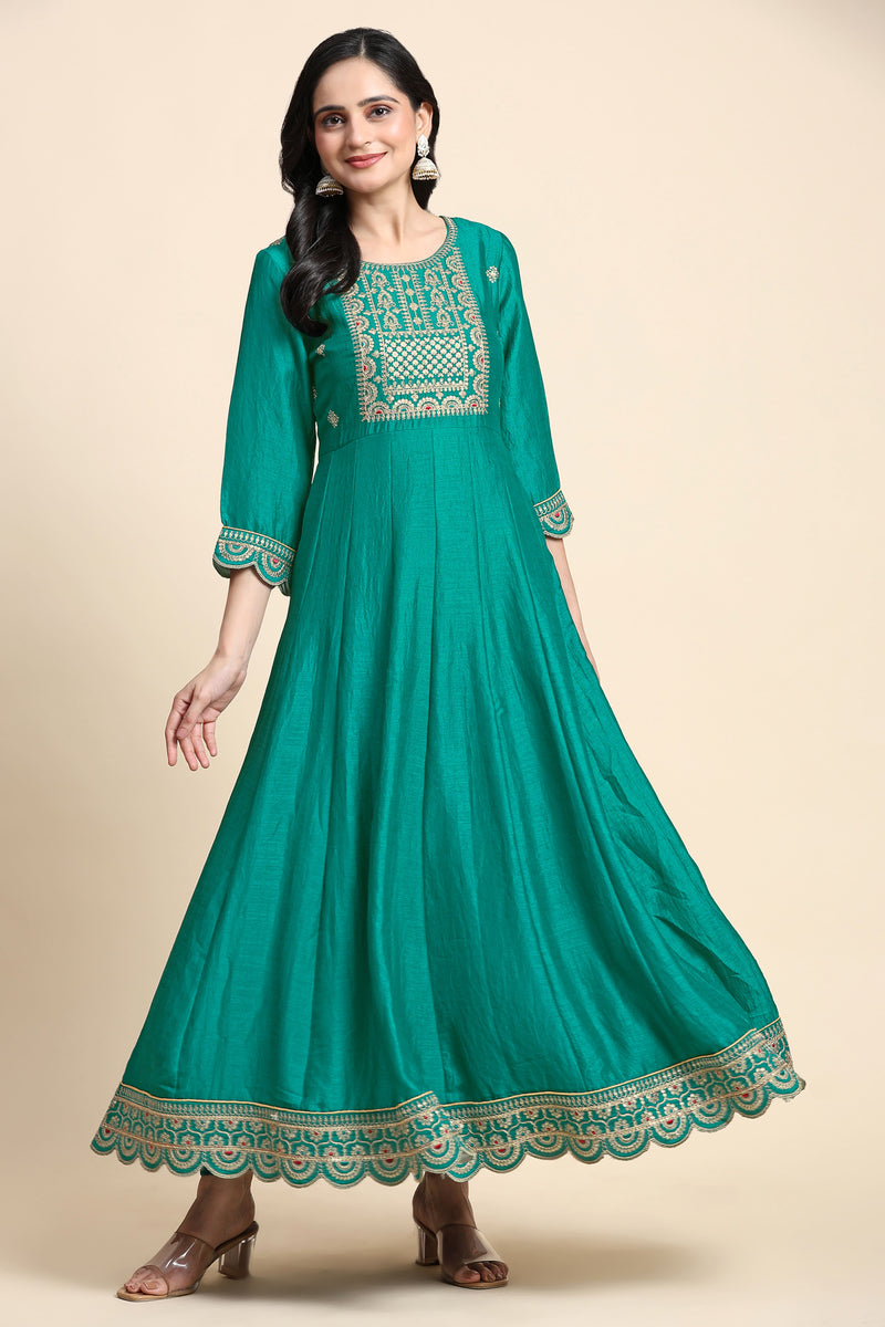 Turquoise Art Silk Embroidery A line Pleated Salwar Suit with Dupatta For Women's