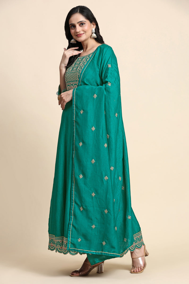 Turquoise Art Silk Embroidery A line Pleated Salwar Suit with Dupatta For Women's