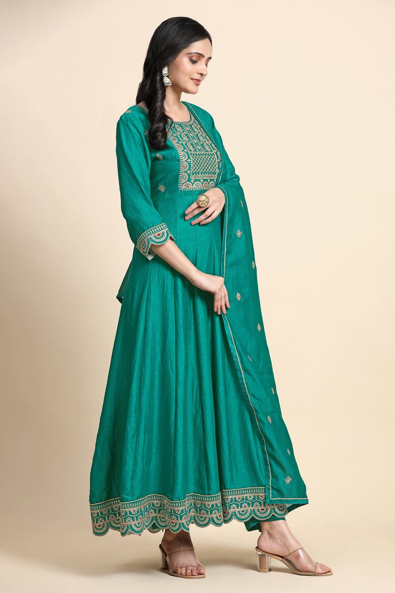 Turquoise Art Silk Embroidery A line Pleated Salwar Suit with Dupatta For Women's