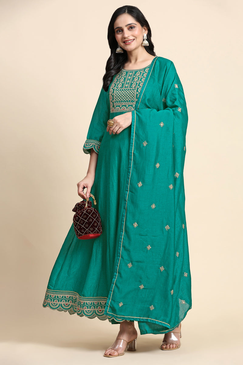 Turquoise Art Silk Embroidery A line Pleated Salwar Suit with Dupatta For Women's