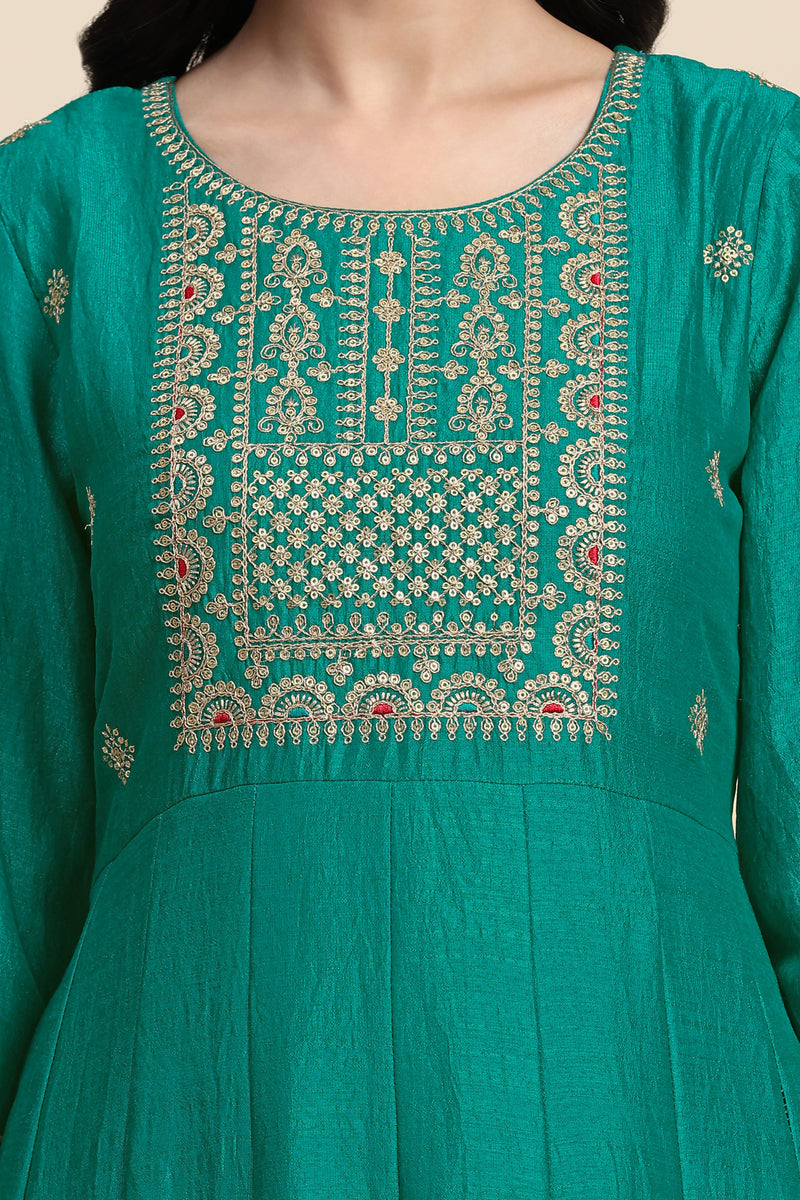 Turquoise Art Silk Embroidery A line Pleated Salwar Suit with Dupatta For Women's