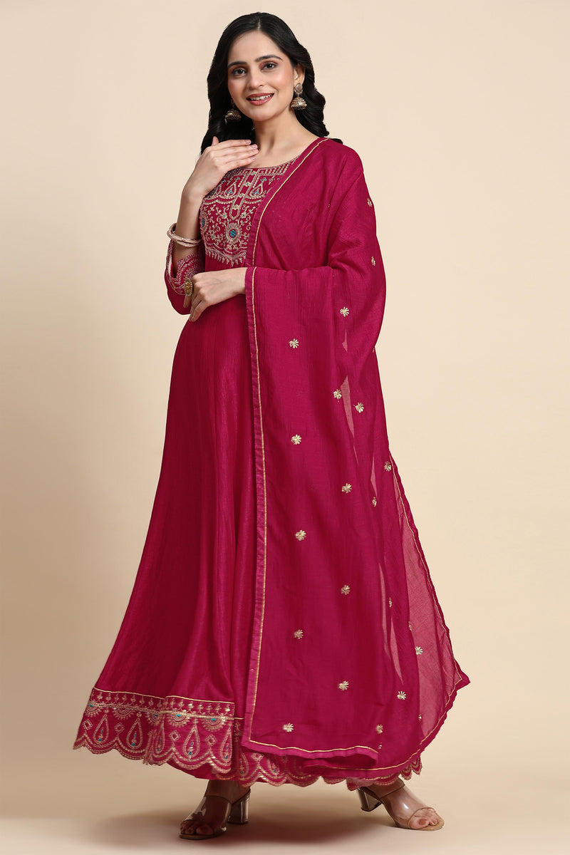 Pink Art Silk Embroidery A line Pleated Salwar Suit Set with Dupatta For Women's