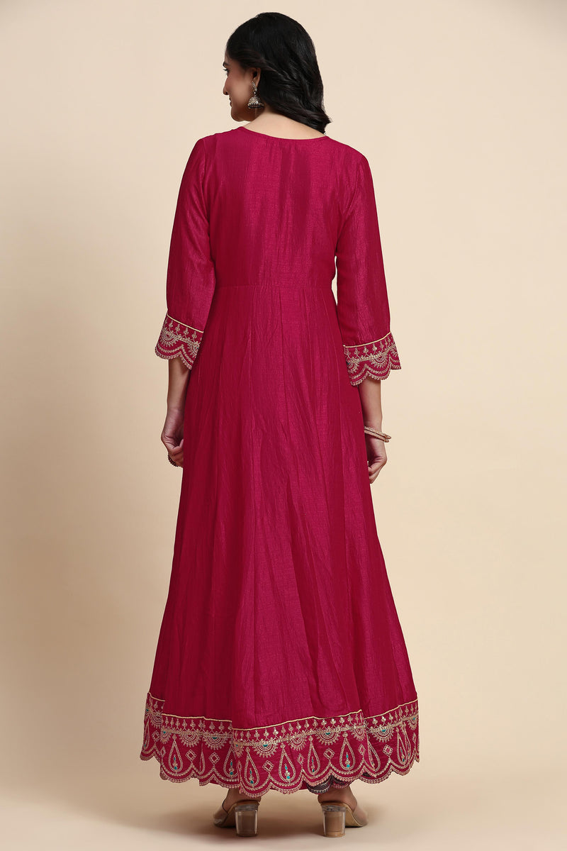 Pink Art Silk Embroidery A line Pleated Salwar Suit Set with Dupatta For Women's
