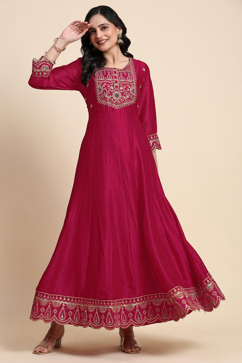 Pink Art Silk Embroidery A line Pleated Salwar Suit Set with Dupatta For Women's