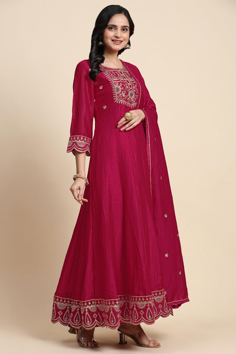 Pink Art Silk Embroidery A line Pleated Salwar Suit Set with Dupatta For Women's
