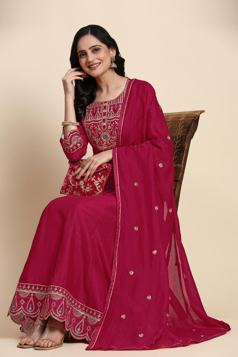 Pink Art Silk Embroidery A line Pleated Salwar Suit Set with Dupatta For Women's