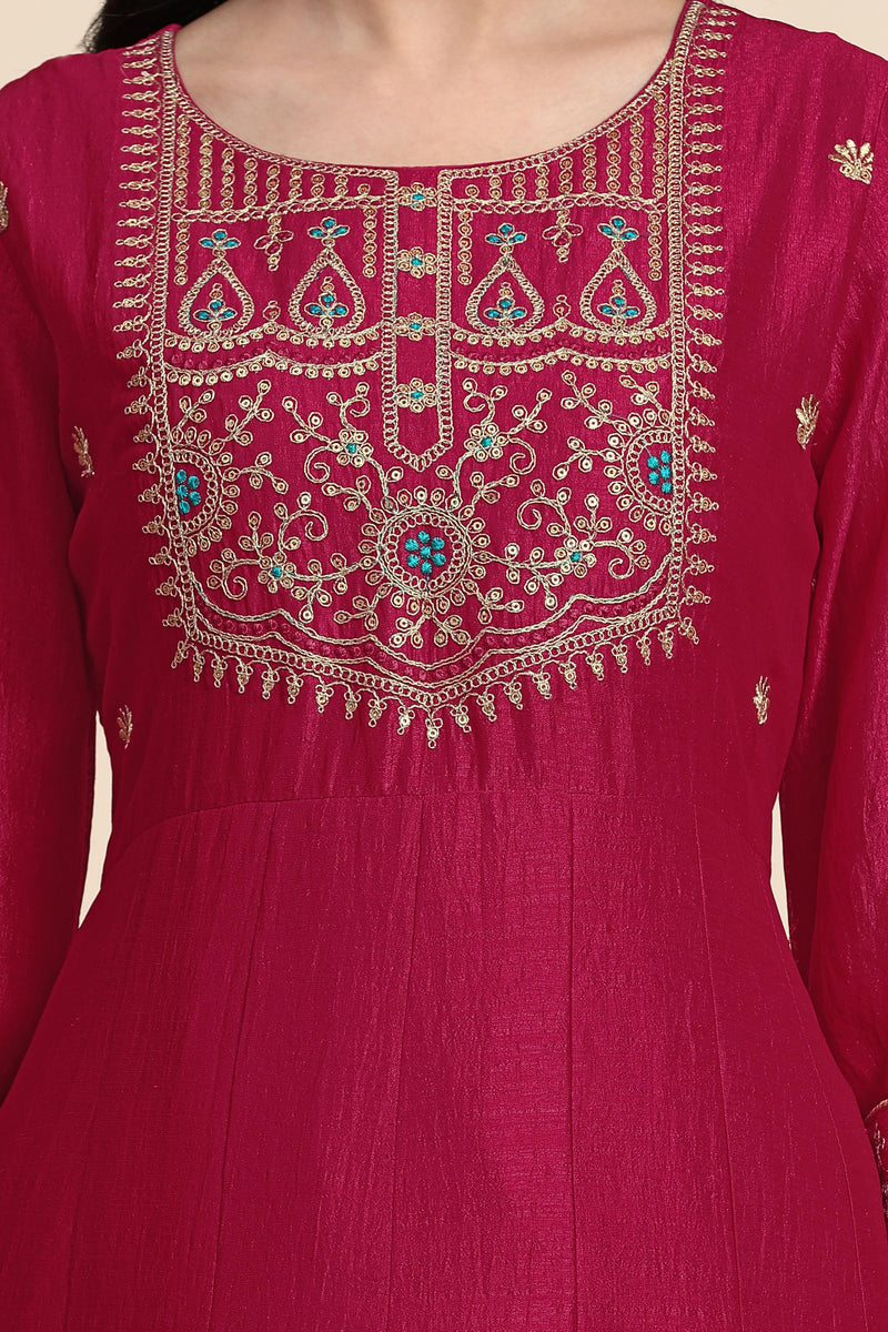 Pink Art Silk Embroidery A line Pleated Salwar Suit Set with Dupatta For Women's