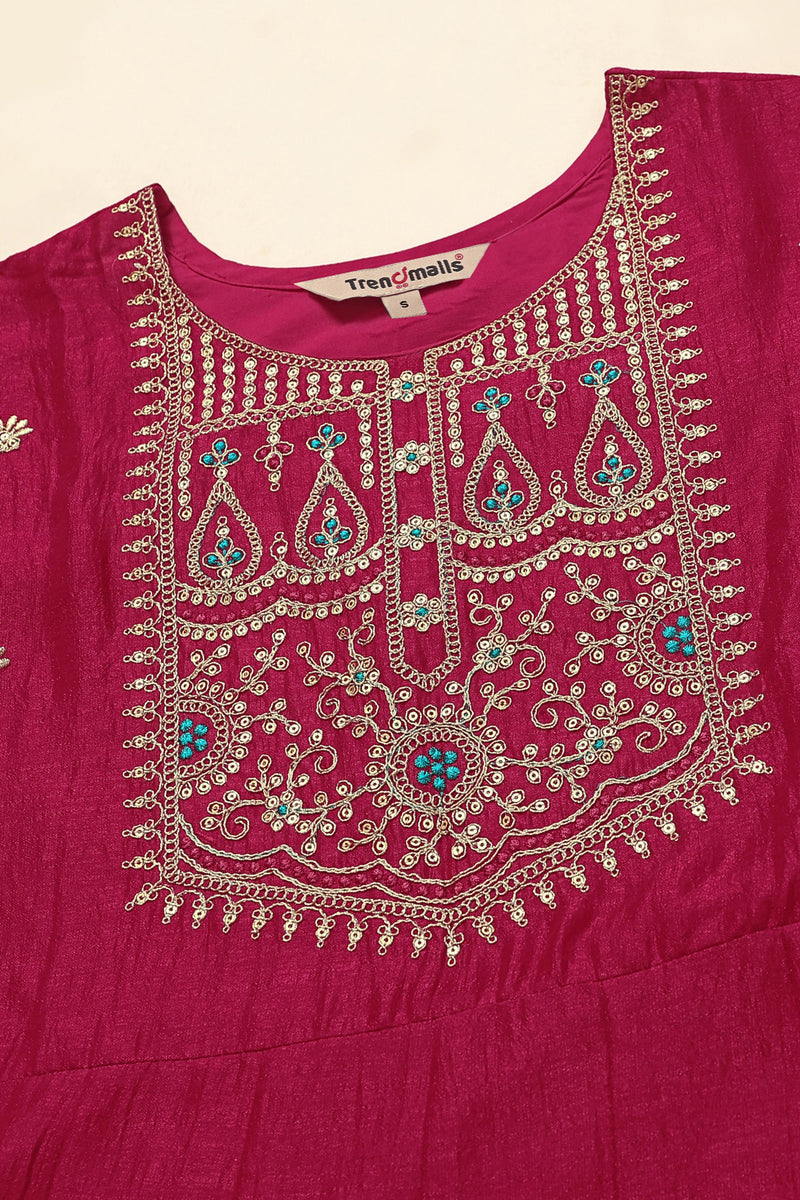 Pink Art Silk Embroidery A line Pleated Salwar Suit Set with Dupatta For Women's
