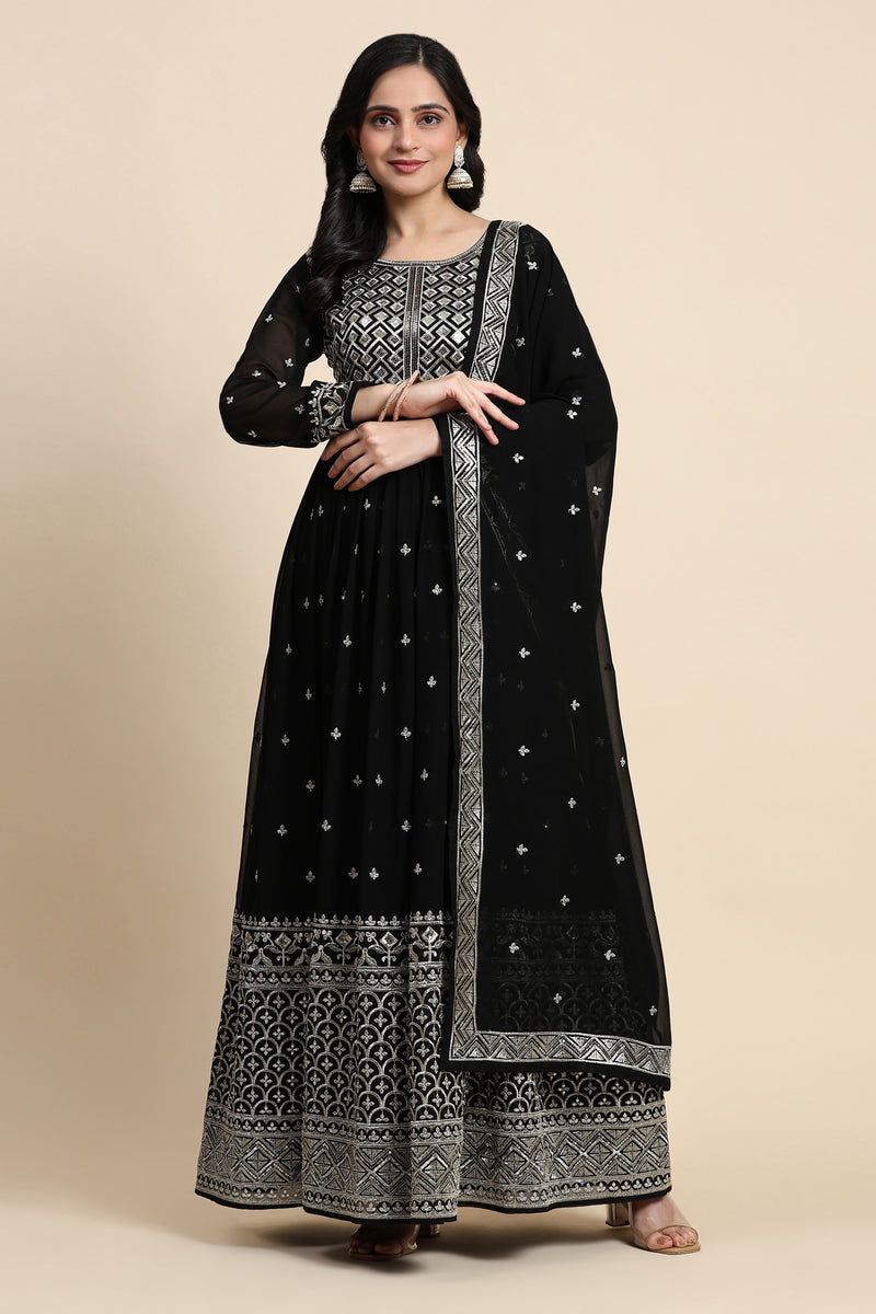 Black Georgette Anarkali Embroidery Sequence Work Salwar Suit Set with Dupatta For Women's