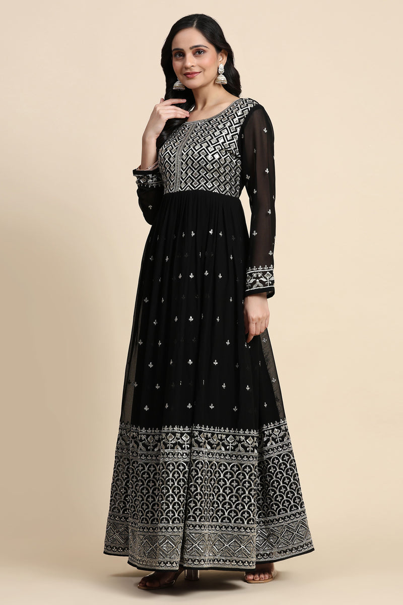 Black Georgette Anarkali Embroidery Sequence Work Salwar Suit Set with Dupatta For Women's