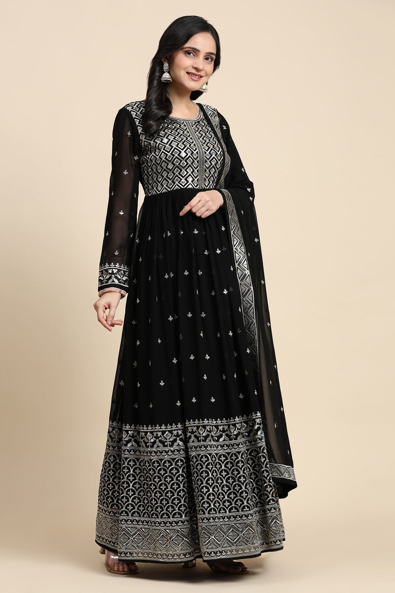 Black Georgette Anarkali Embroidery Sequence Work Salwar Suit Set with Dupatta For Women's