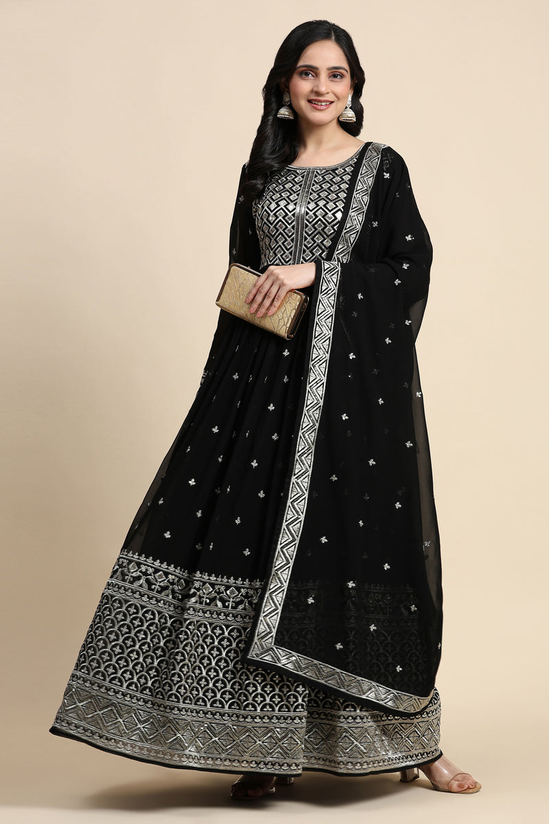 Black Georgette Anarkali Embroidery Sequence Work Salwar Suit Set with Dupatta For Women's