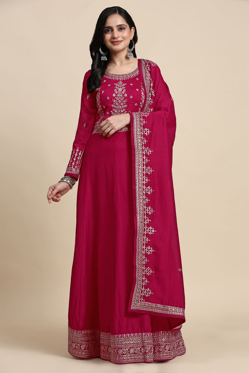 Pink Vichitra Silk Embroidery Anarkali Kurta Pant Salwar Suit Set for Women's