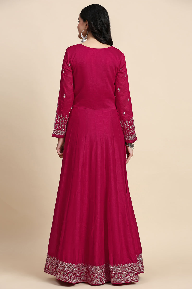 Pink Vichitra Silk Embroidery Anarkali Kurta Pant Salwar Suit Set for Women's
