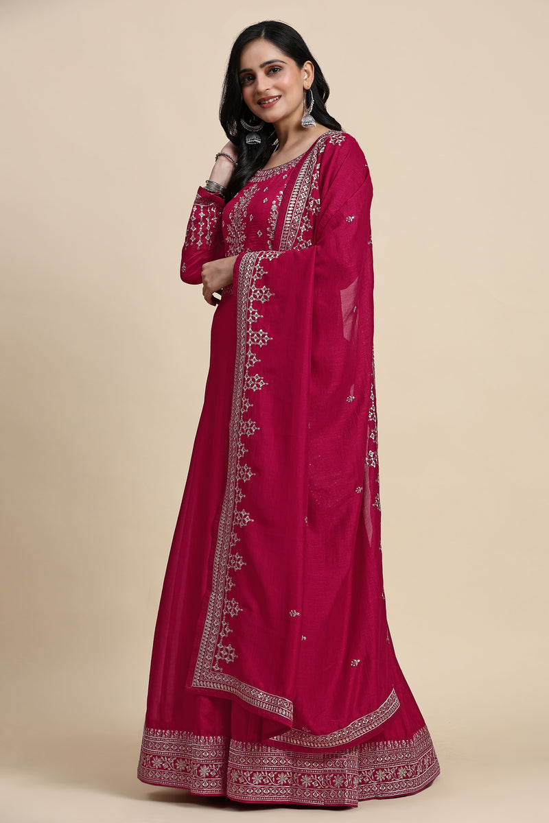 Pink Vichitra Silk Embroidery Anarkali Kurta Pant Salwar Suit Set for Women's