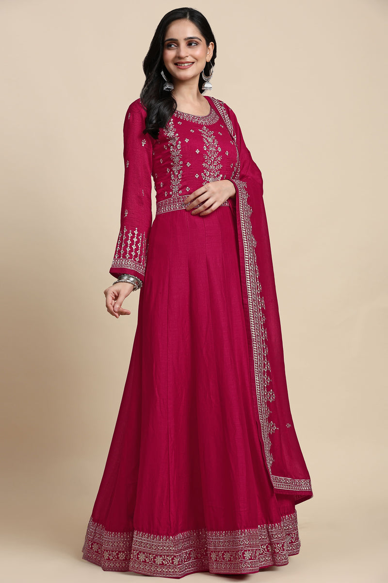 Pink Vichitra Silk Embroidery Anarkali Kurta Pant Salwar Suit Set for Women's