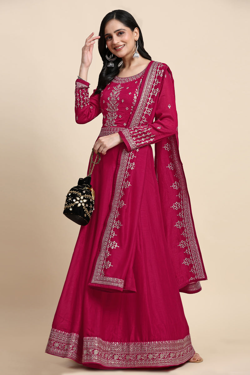 Pink Vichitra Silk Embroidery Anarkali Kurta Pant Salwar Suit Set for Women's