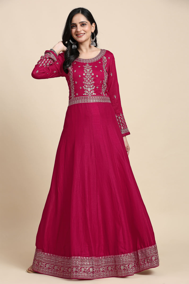 Pink Vichitra Silk Embroidery Anarkali Kurta Pant Salwar Suit Set for Women's