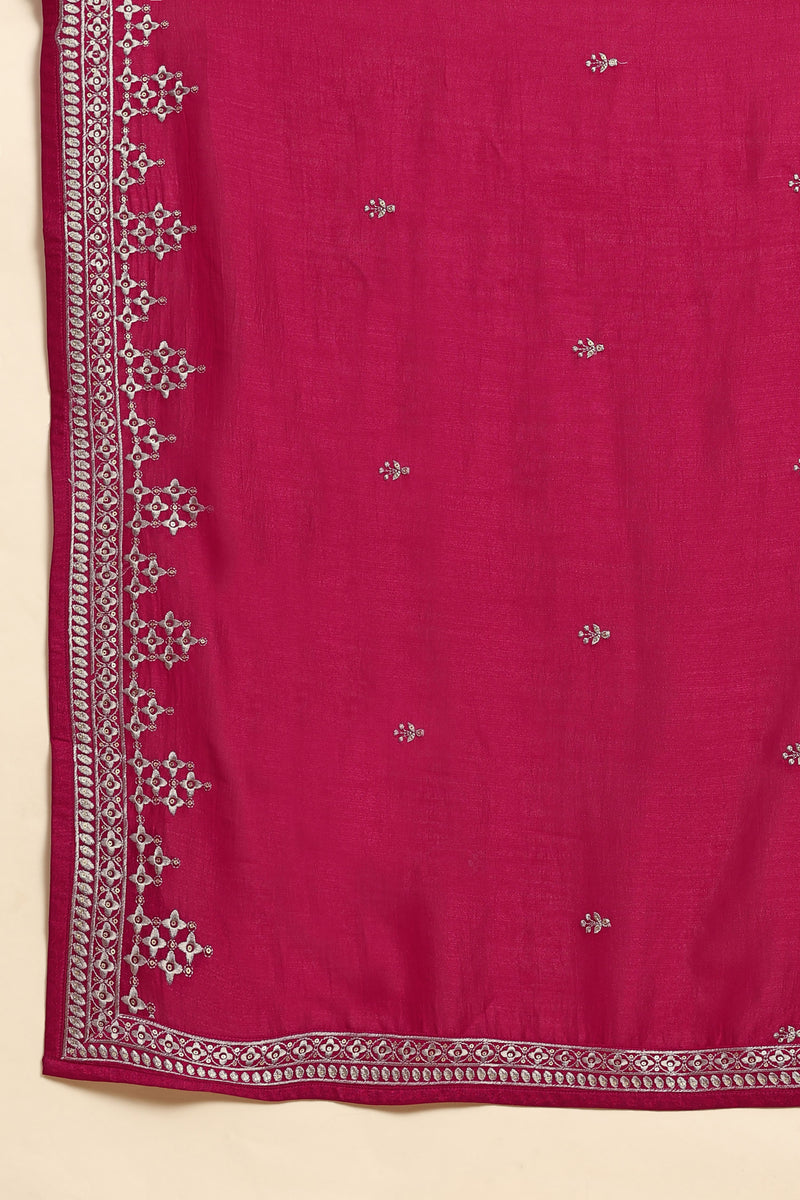Pink Vichitra Silk Embroidery Anarkali Kurta Pant Salwar Suit Set for Women's