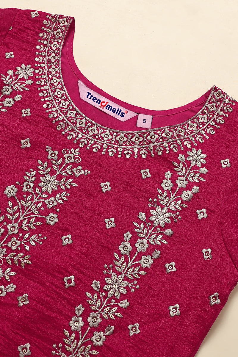 Pink Vichitra Silk Embroidery Anarkali Kurta Pant Salwar Suit Set for Women's