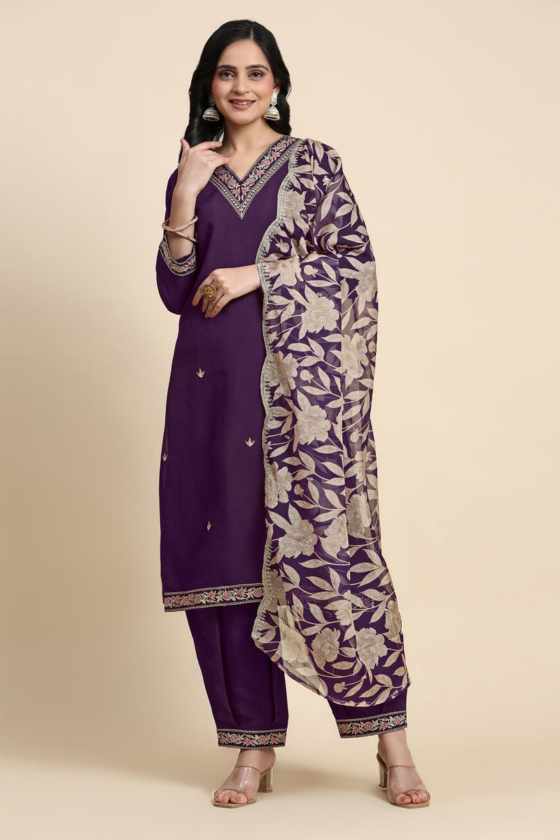 Women's Chanderi Silk Embroidery Salwar Suit Set Purple Kurta with Afghani Pant Floral Dupatta Set
