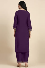 Women's Chanderi Silk Embroidery Salwar Suit Set Purple Kurta with Afghani Pant Floral Dupatta Set