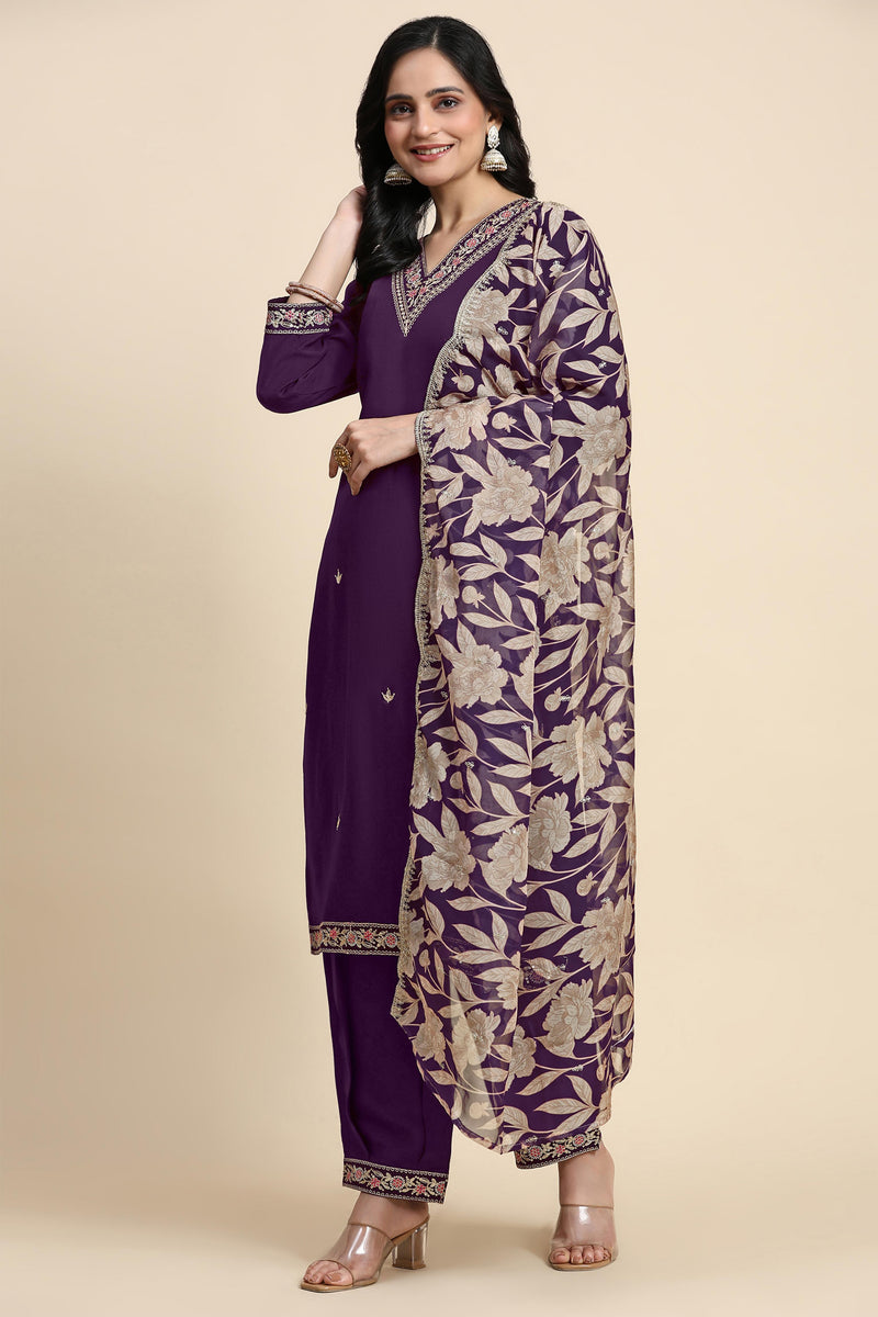 Women's Chanderi Silk Embroidery Salwar Suit Set Purple Kurta with Afghani Pant Floral Dupatta Set