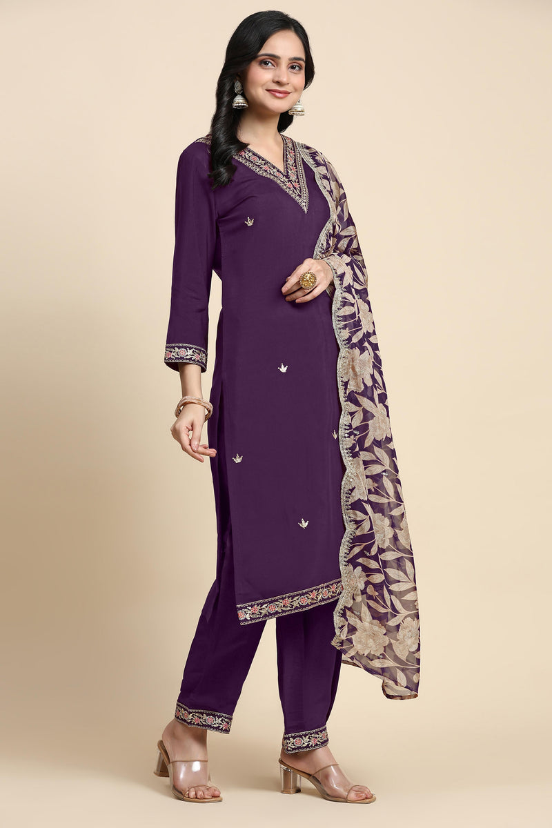 Women's Chanderi Silk Embroidery Salwar Suit Set Purple Kurta with Afghani Pant Floral Dupatta Set